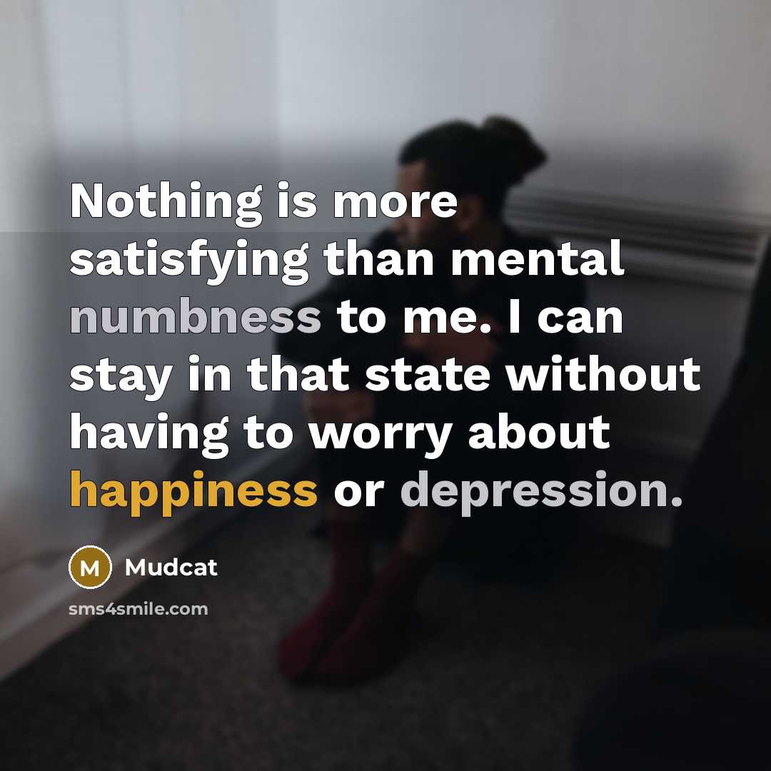 “Nothing is more satisfying than mental numbness to me. I can stay in that state without having to worry about happiness or depression.” quote by Mudcat