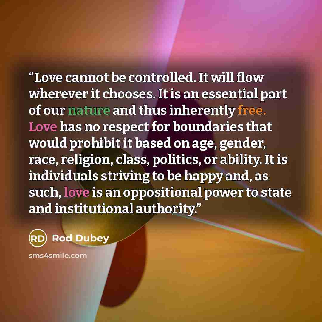 “Love cannot be controlled. It will flow wherever it chooses. It is an essential part of our nature and thus inherently free. Love has no respect for boundaries that would prohibit it based on age, gender, race, religion, class, politics, or ability. It is individuals striving to be happy and, as…” quote by Rod Dubey