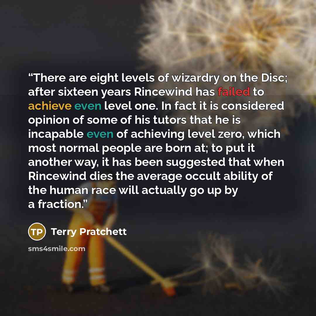 “There are eight levels of wizardry on the Disc; after sixteen years Rincewind has failed to achieve even level one. In fact it is considered opinion of some of his tutors that he is incapable even of achieving level zero, which most normal people are born at; to put it another way, it has been…” quote by Terry Pratchett