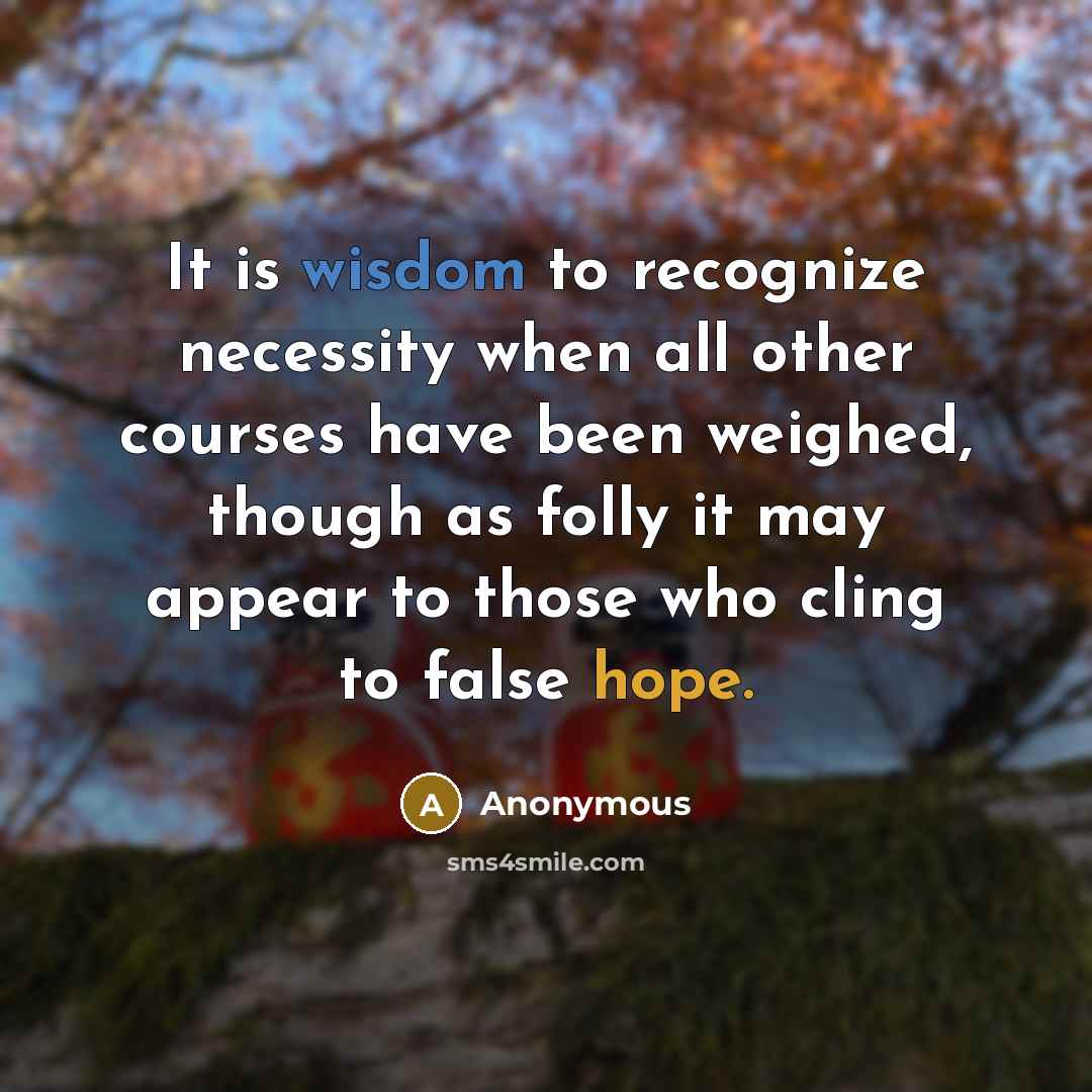 “It is wisdom to recognize necessity when all other courses have been weighed, though as folly it may appear to those who cling to false hope.” quote by Anonymous