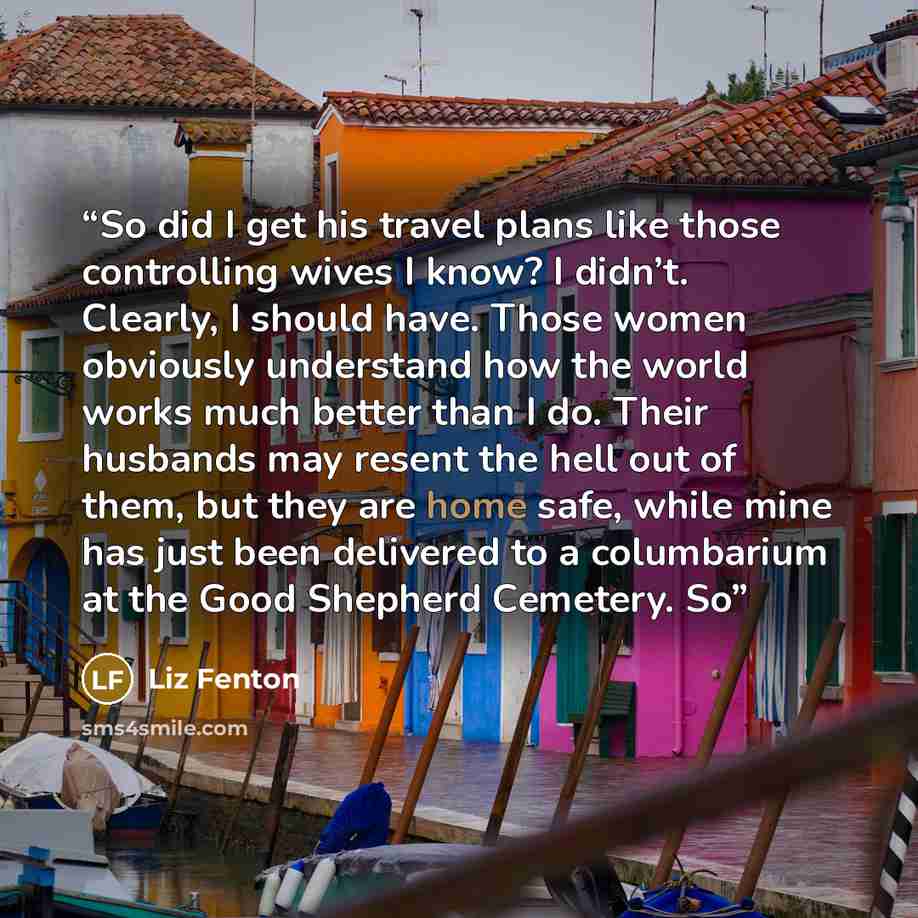 “So did I get his travel plans like those controlling wives I know? I didn’t. Clearly, I should have. Those women obviously understand how the world works much better than I do. Their husbands may resent the hell out of them, but they are home safe, while mine has just been delivered to a…” quote by Liz Fenton