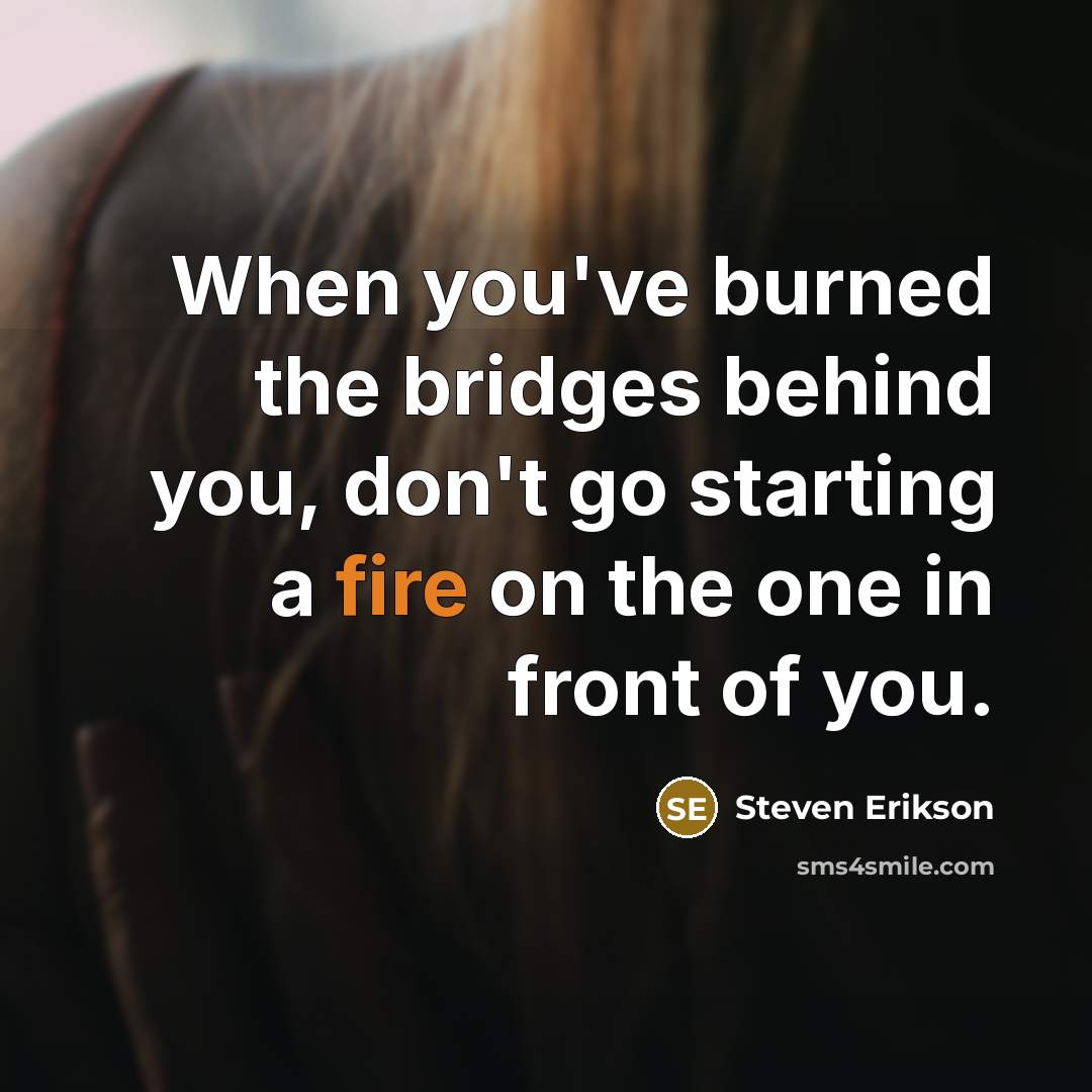 “When you've burned the bridges behind you, don't go starting a fire on the one in front of you.” quote by Steven Erikson