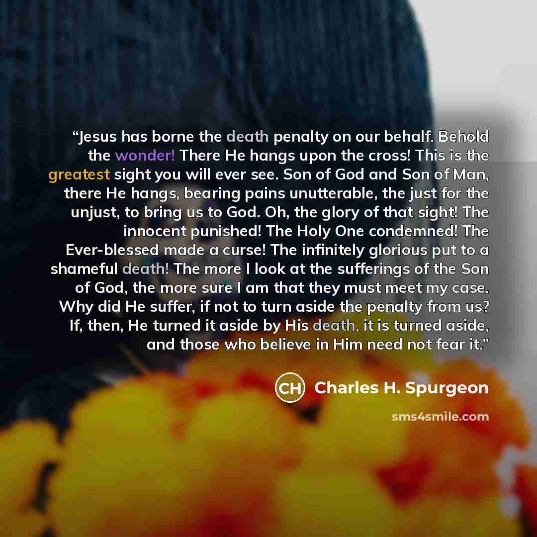 “Jesus has borne the death penalty on our behalf. Behold the wonder! There He hangs upon the cross! This is the greatest sight you will ever see. Son of God and Son of Man, there He hangs, bearing pains unutterable, the just for the unjust, to bring us to God. Oh, the glory of that sight! The…” quote by Charles H. Spurgeon