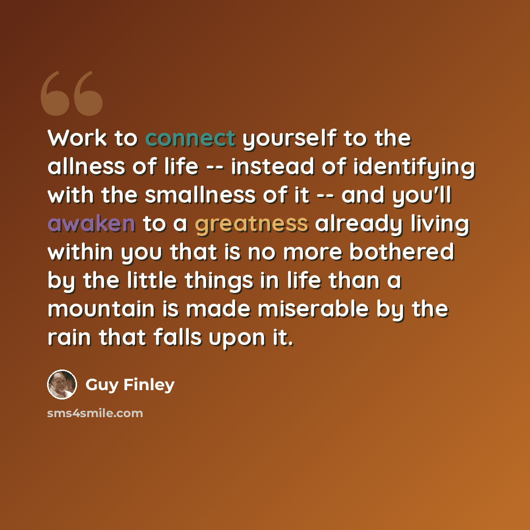 “Work to connect yourself to the allness of life -- instead of identifying with the smallness of it -- and you'll awaken to a greatness already living within you that is no more bothered by the little things in life than a mountain is made miserable by the rain that falls upon it.” quote by Guy Finley