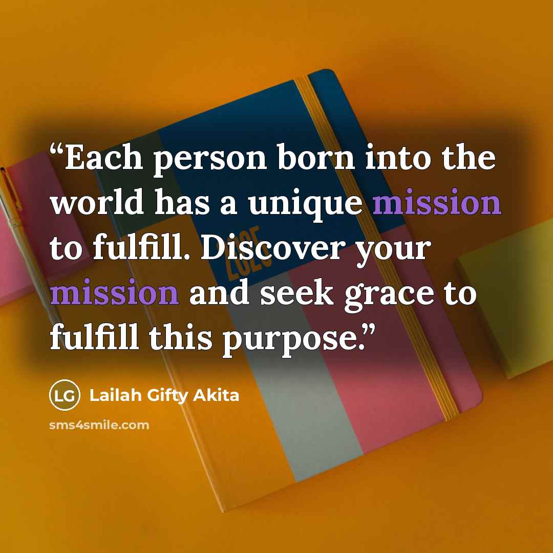 “Each person born into the world has a unique mission to fulfill. Discover your mission and seek grace to fulfill this purpose.” quote by Lailah Gifty Akita