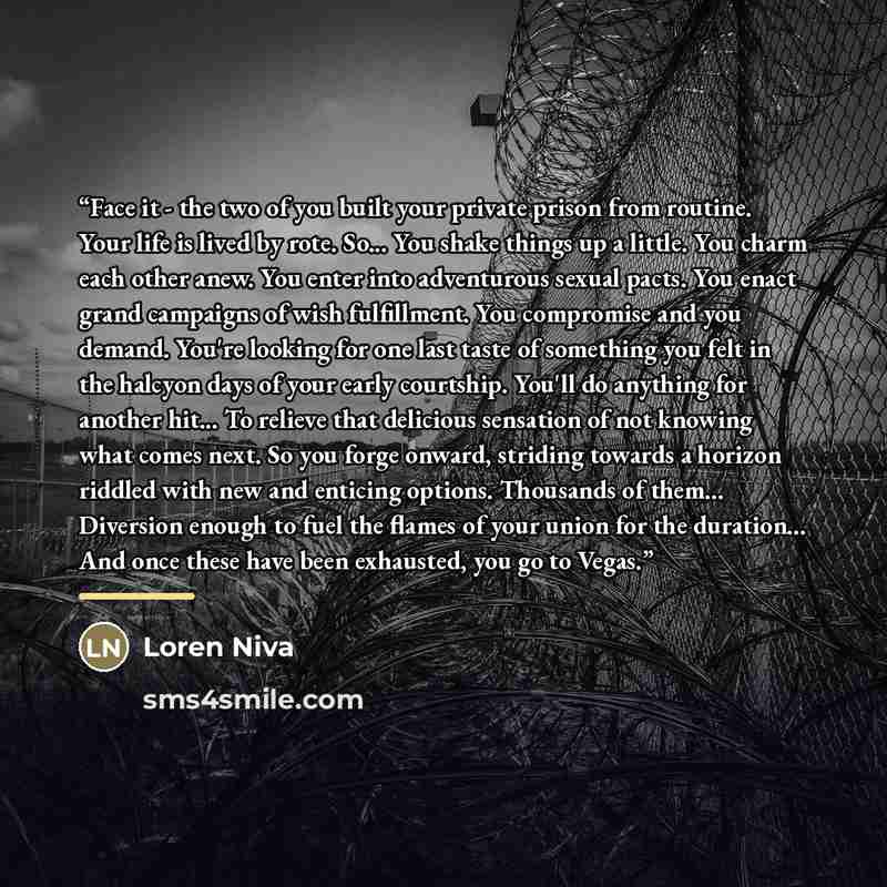 “Face it - the two of you built your private prison from routine. Your life is lived by rote. So... You shake things up a little. You charm each other anew. You enter into adventurous sexual pacts. You enact grand campaigns of wish fulfillment. You compromise and you demand. You're looking for one…” quote by Loren Niva