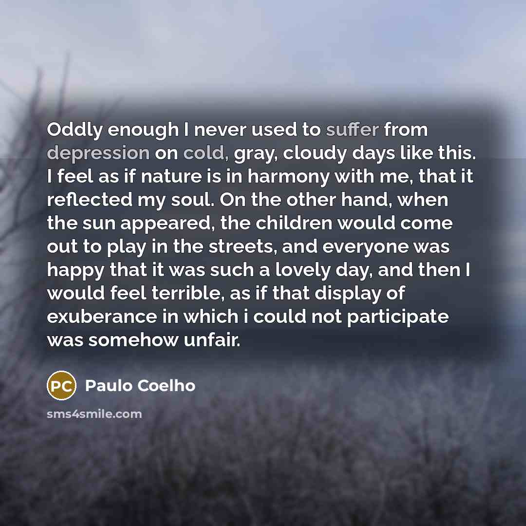 “Oddly enough I never used to suffer from depression on cold, gray, cloudy days like this. I feel as if nature is in harmony with me, that it reflected my soul. On the other hand, when the sun appeared, the children would come out to play in the streets, and everyone was happy that it was such a…” quote by Paulo Coelho