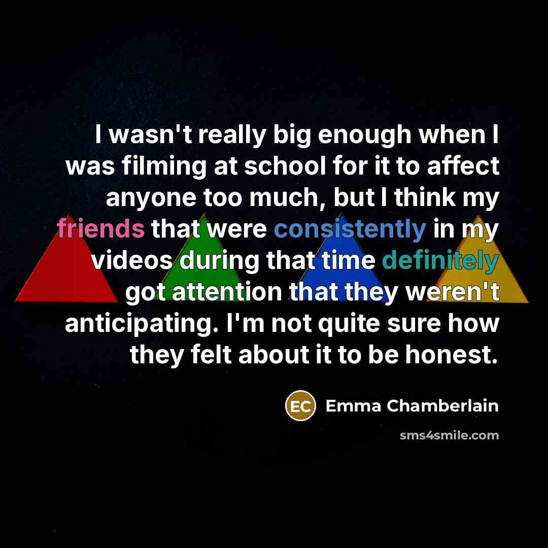 “I wasn't really big enough when I was filming at school for it to affect anyone too much, but I think my friends that were consistently in my videos during that time definitely got attention that they weren't anticipating. I'm not quite sure how they felt about it to be honest.” quote by Emma Chamberlain
