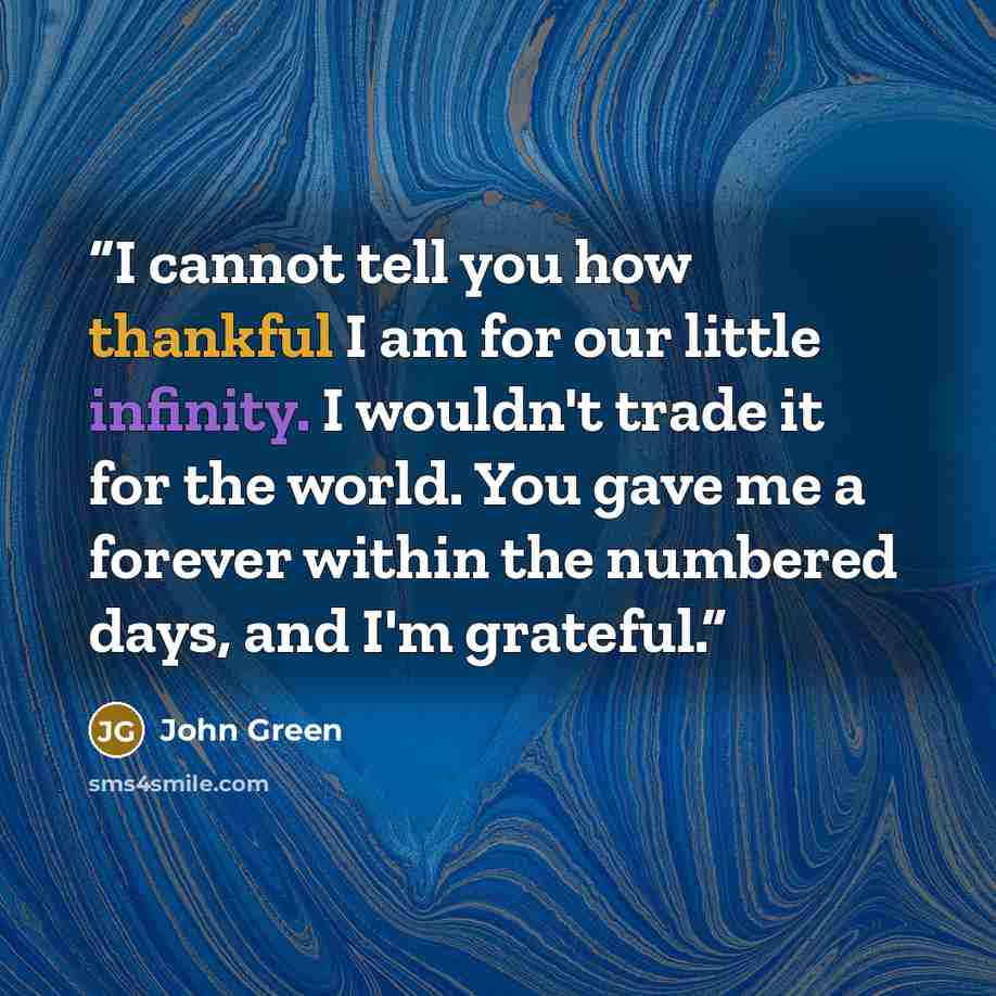“I cannot tell you how thankful I am for our little infinity. I wouldn't trade it for the world. You gave me a forever within the numbered days, and I'm grateful.” quote by John Green