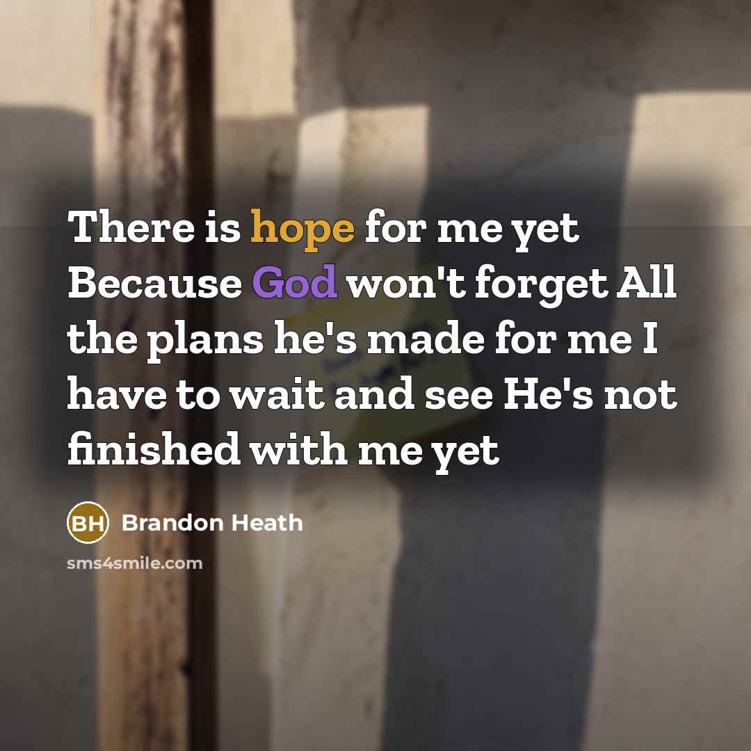 “There is hope for me yet Because God won't forget All the plans he's made for me I have to wait and see He's not finished with me yet” quote by Brandon Heath