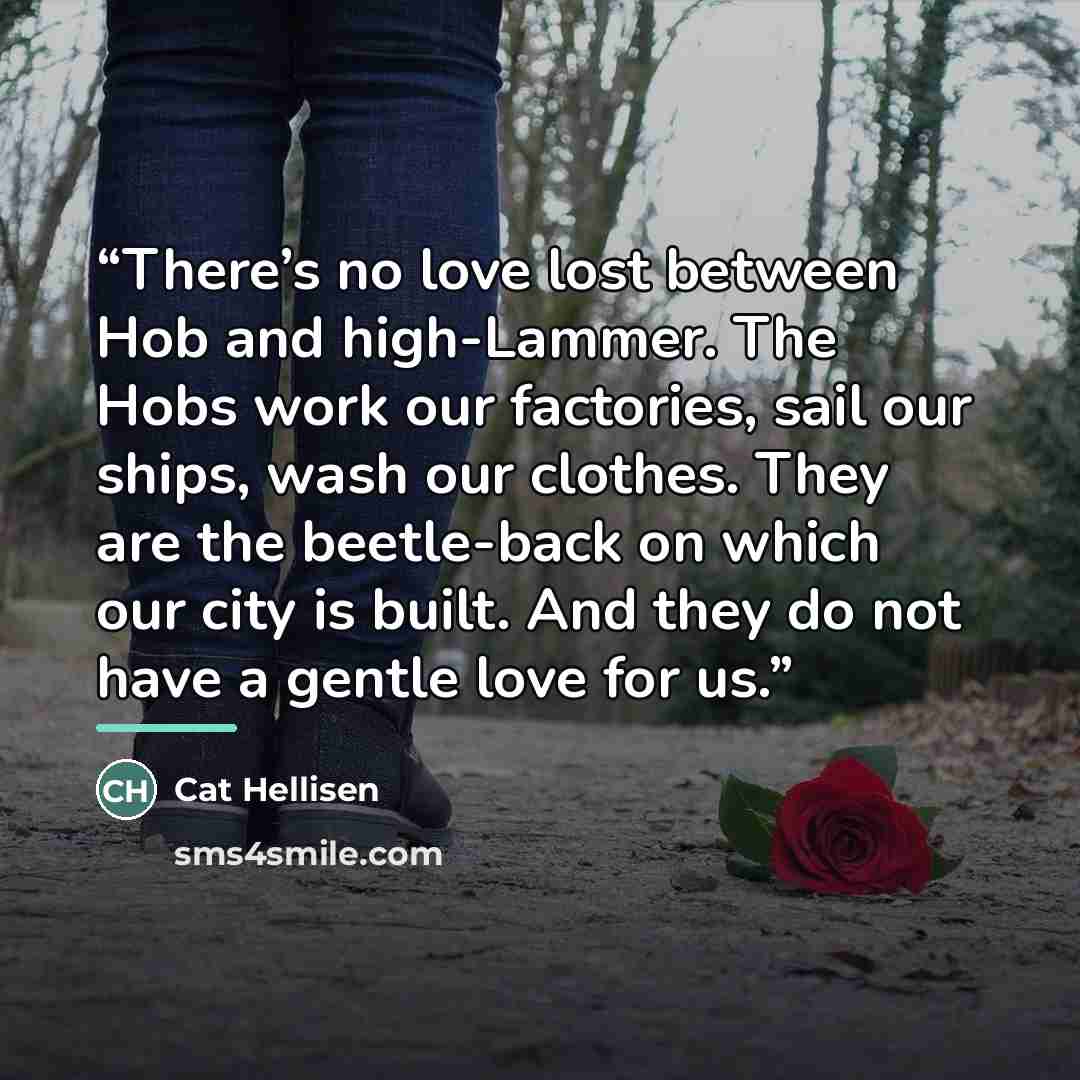 “There’s no love lost between Hob and high-Lammer. The Hobs work our factories, sail our ships, wash our clothes. They are the beetle-back on which our city is built. And they do not have a gentle love for us.” quote by Cat Hellisen