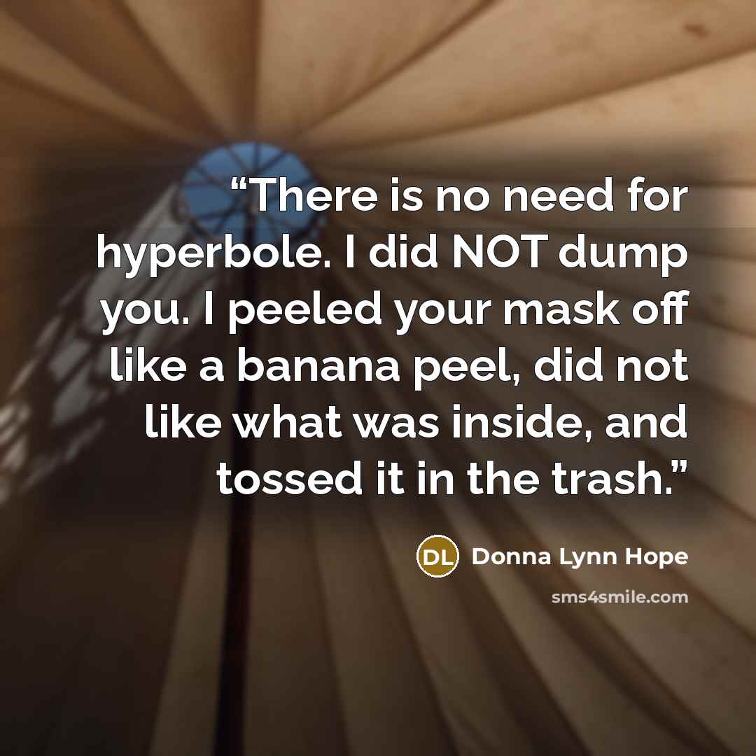 “There is no need for hyperbole. I did NOT dump you. I peeled your mask off like a banana peel, did not like what was inside, and tossed it in the trash.” quote by Donna Lynn Hope
