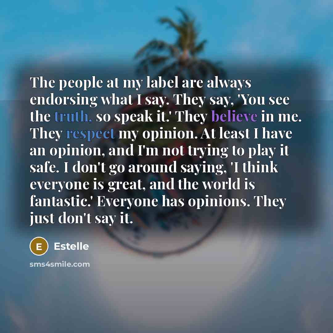 “The people at my label are always endorsing what I say. They say, 'You see the truth, so speak it.' They believe in me. They respect my opinion. At least I have an opinion, and I'm not trying to play it safe. I don't go around saying, 'I think everyone is great, and the world is fantastic.'…” quote by Estelle