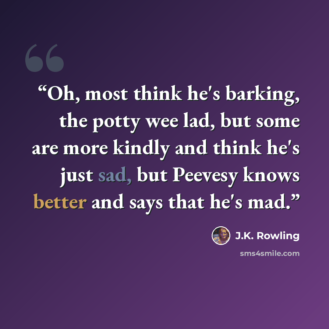 “Oh, most think he's barking, the potty wee lad, but some are more kindly and think he's just sad, but Peevesy knows better and says that he's mad.” quote by J.K. Rowling