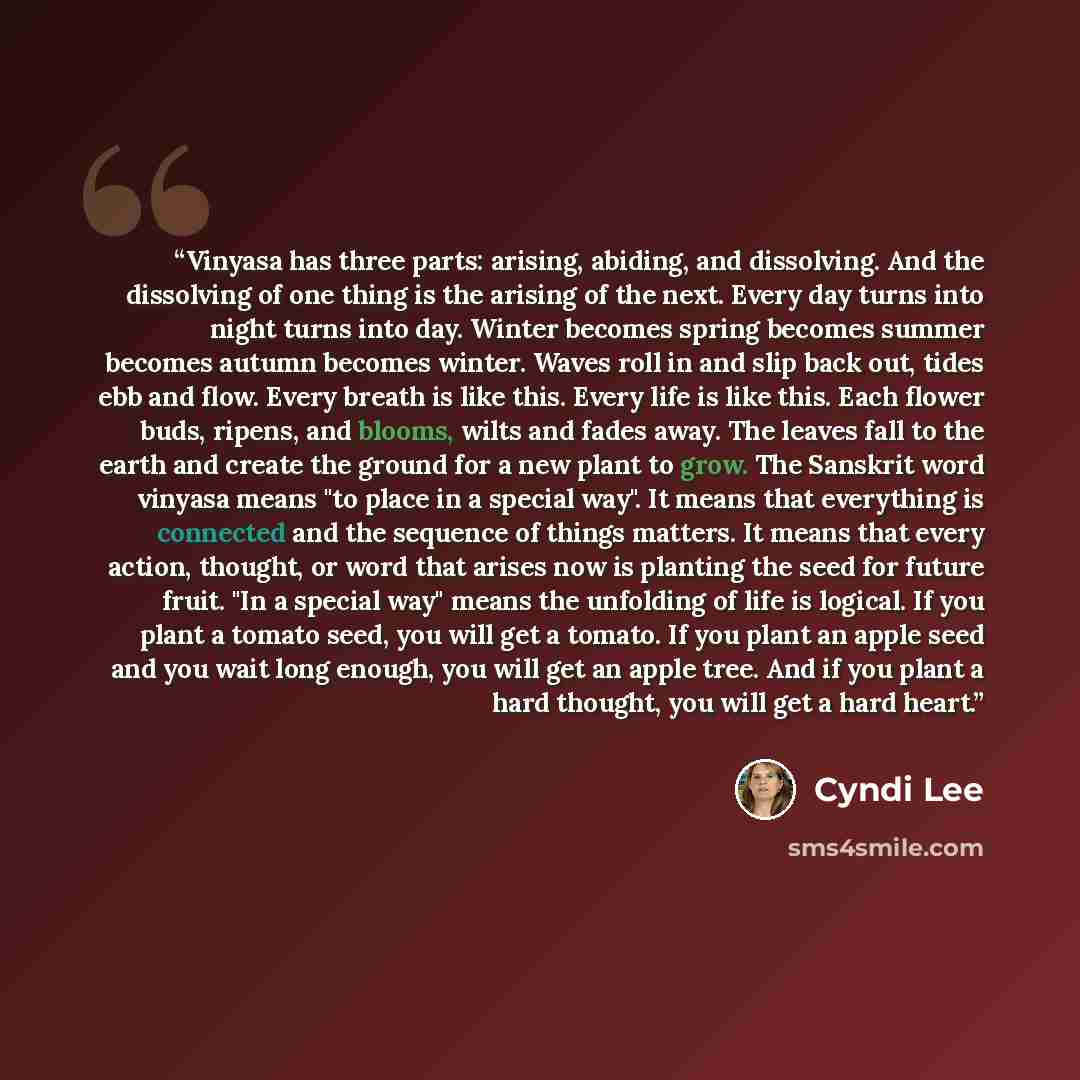 “Vinyasa has three parts: arising, abiding, and dissolving. And the dissolving of one thing is the arising of the next. Every day turns into night turns into day. Winter becomes spring becomes summer becomes autumn becomes winter. Waves roll in and slip back out, tides ebb and flow. Every breath is…” quote by Cyndi Lee