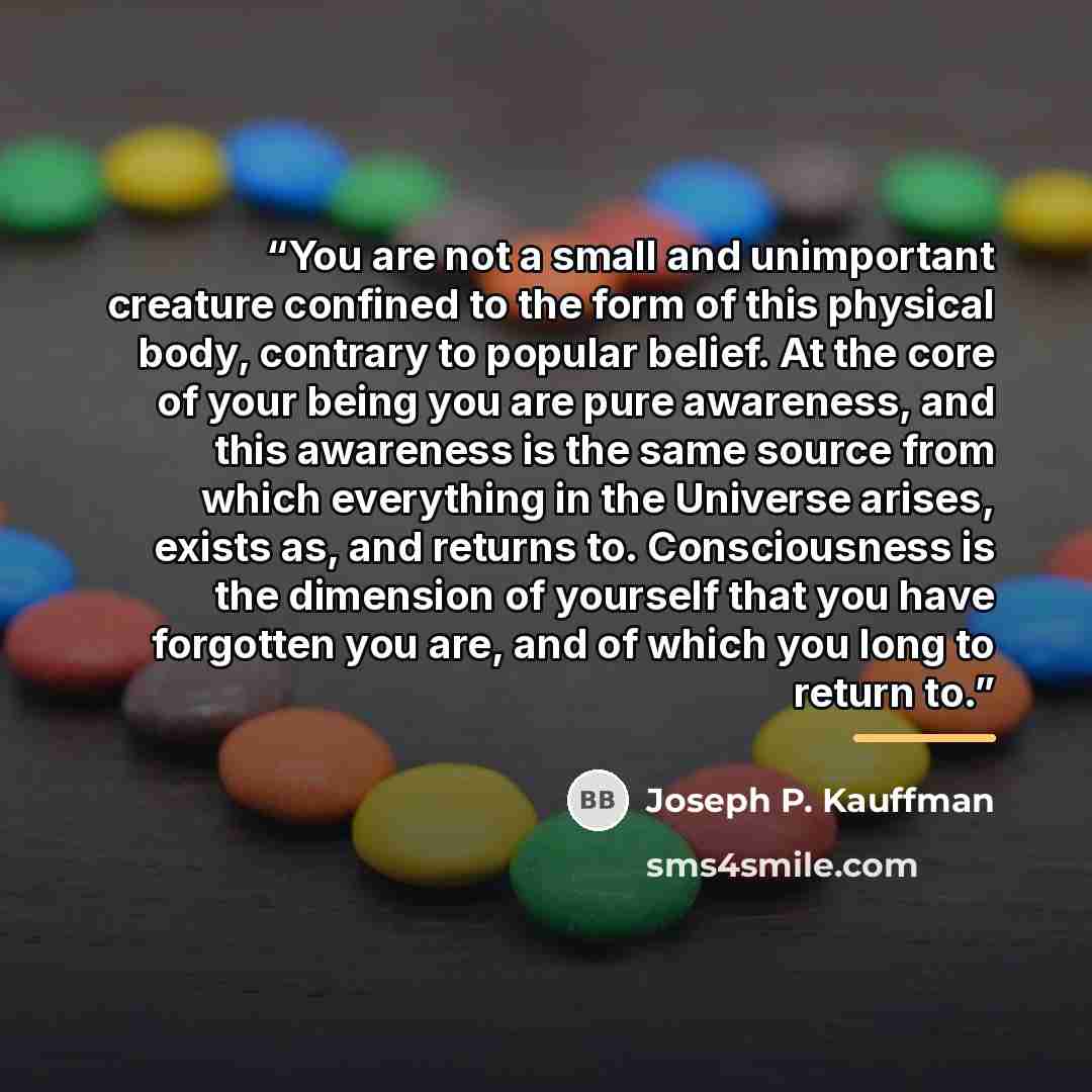 “You are not a small and unimportant creature confined to the form of this physical body, contrary to popular belief. At the core of your being you are pure awareness, and this awareness is the same source from which everything in the Universe arises, exists as, and returns to. Consciousness is the…” quote by Joseph P. Kauffman