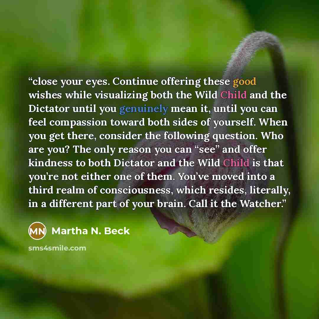 “close your eyes. Continue offering these good wishes while visualizing both the Wild Child and the Dictator until you genuinely mean it, until you can feel compassion toward both sides of yourself. When you get there, consider the following question. Who are you? The only reason you can “see” and…” quote by Martha N. Beck
