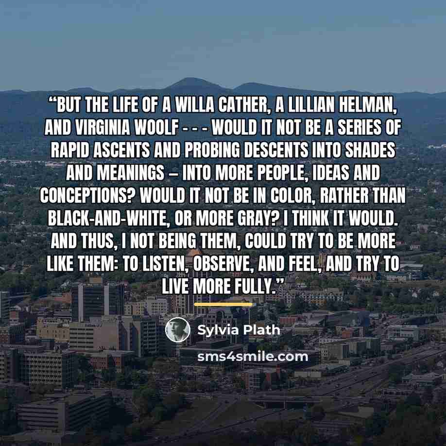 “But the life of a Willa Cather, a Lillian Helman, and Virginia Woolf - - - would it not be a series of rapid ascents and probing descents into shades and meanings — into more people, ideas and conceptions? Would it not be in color, rather than black-and-white, or more gray? I think it would. And…” quote by Sylvia Plath
