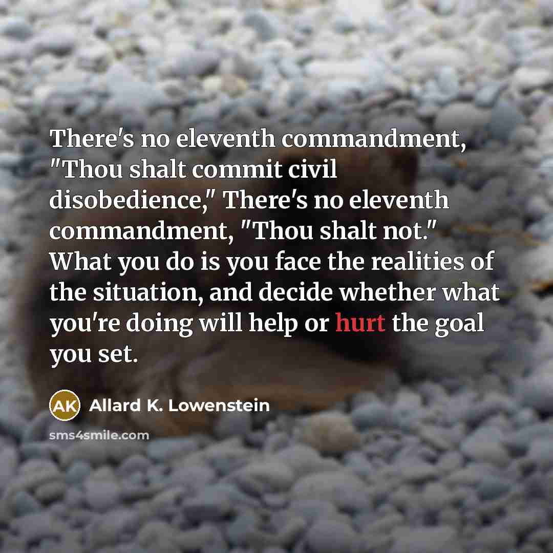 “There's no eleventh commandment, "Thou shalt commit civil disobedience," There's no eleventh commandment, "Thou shalt not." What you do is you face the realities of the situation, and decide whether what you're doing will help or hurt the goal you set.” quote by Allard K. Lowenstein