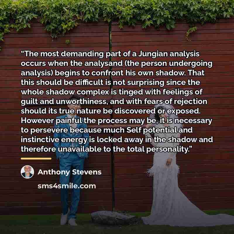 “The most demanding part of a Jungian analysis occurs when the analysand (the person undergoing analysis) begins to confront his own shadow. That this should be difficult is not surprising since the whole shadow complex is tinged with feelings of guilt and unworthiness, and with fears of rejection…” quote by Anthony Stevens