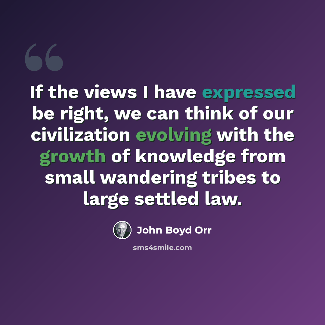 “If the views I have expressed be right, we can think of our civilization evolving with the growth of knowledge from small wandering tribes to large settled law.” quote by John Boyd Orr