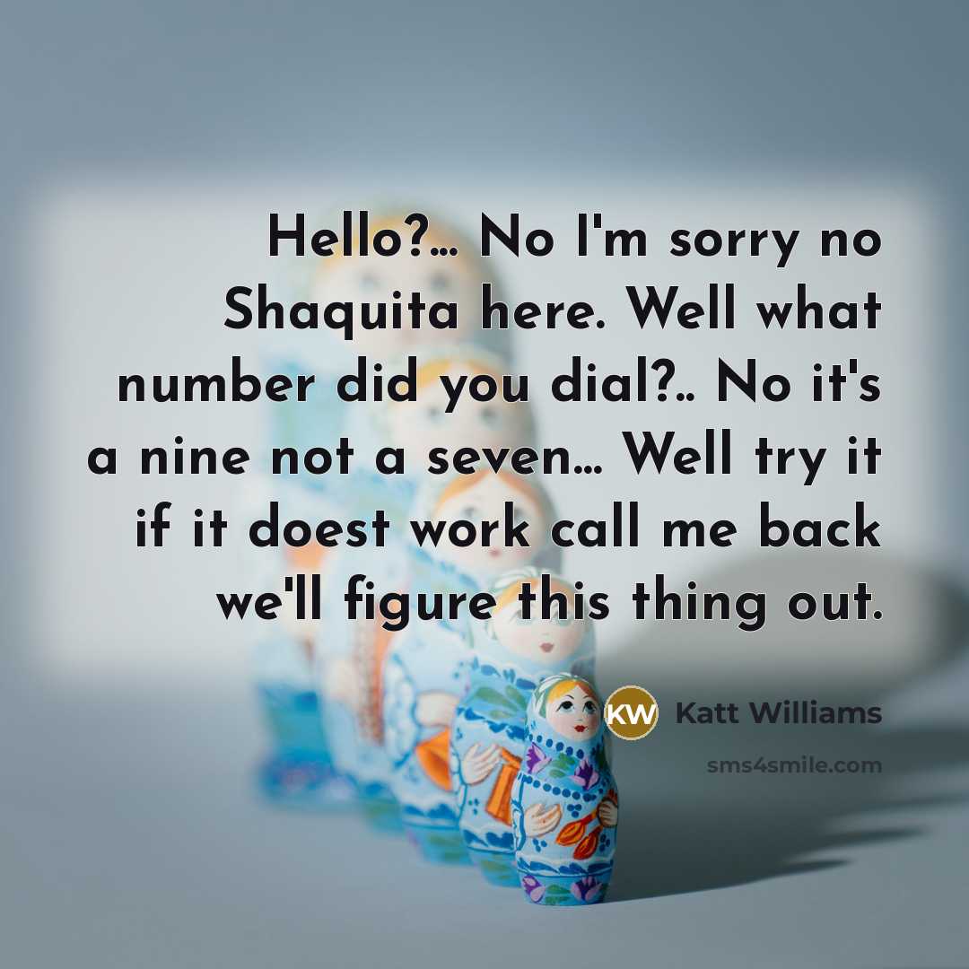 “Hello?... No I'm sorry no Shaquita here. Well what number did you dial?.. No it's a nine not a seven... Well try it if it doest work call me back we'll figure this thing out.” quote by Katt Williams