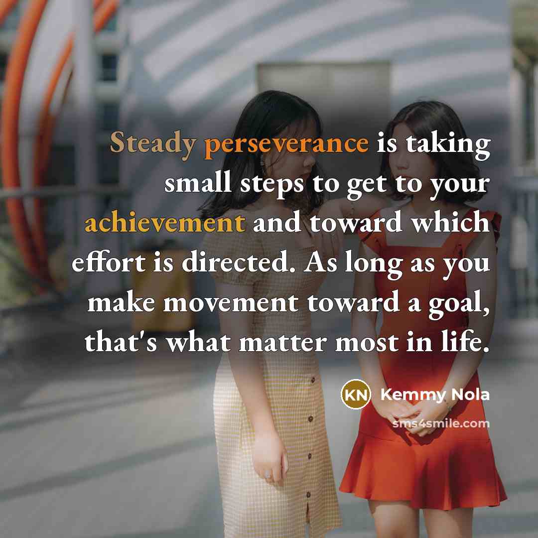 “Steady perseverance is taking small steps to get to your achievement and toward which effort is directed. As long as you make movement toward a goal, that's what matter most in life.” quote by Kemmy Nola