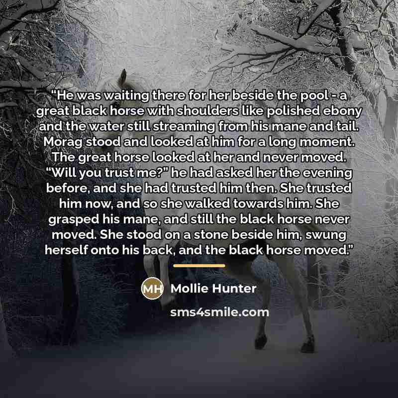 “He was waiting there for her beside the pool - a great black horse with shoulders like polished ebony and the water still streaming from his mane and tail. Morag stood and looked at him for a long moment. The great horse looked at her and never moved. “Will you trust me?” he had asked her the…” quote by Mollie Hunter