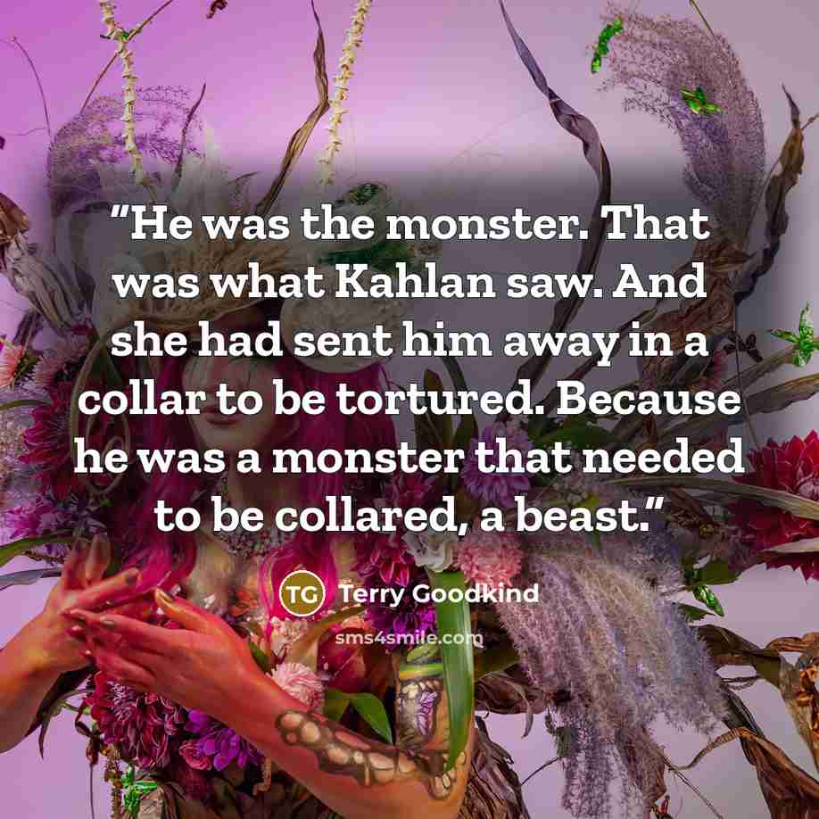 “He was the monster. That was what Kahlan saw. And she had sent him away in a collar to be tortured. Because he was a monster that needed to be collared, a beast.” quote by Terry Goodkind