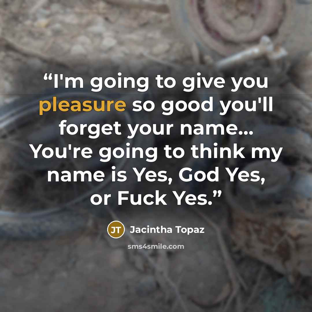 “I'm going to give you pleasure so good you'll forget your name... You're going to think my name is Yes, God Yes, or Fuck Yes.” quote by Jacintha Topaz