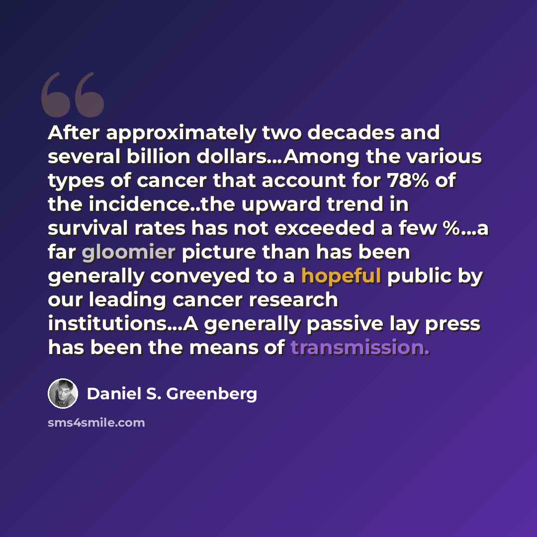 “After approximately two decades and several billion dollars…Among the various types of cancer that account for 78% of the incidence..the upward trend in survival rates has not exceeded a few %…a far gloomier picture than has been generally conveyed to a hopeful public by our leading cancer…” quote by Daniel S. Greenberg