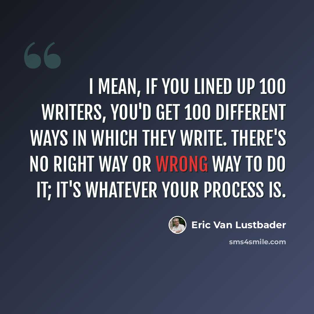 “I mean, if you lined up 100 writers, you'd get 100 different ways in which they write. There's no right way or wrong way to do it; it's whatever your process is.” quote by Eric Van Lustbader