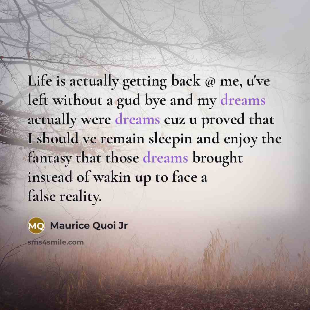 “Life is actually getting back @ me, u've left without a gud bye and my dreams actually were dreams cuz u proved that I should ve remain sleepin and enjoy the fantasy that those dreams brought instead of wakin up to face a false reality.” quote by Maurice Quoi Jr