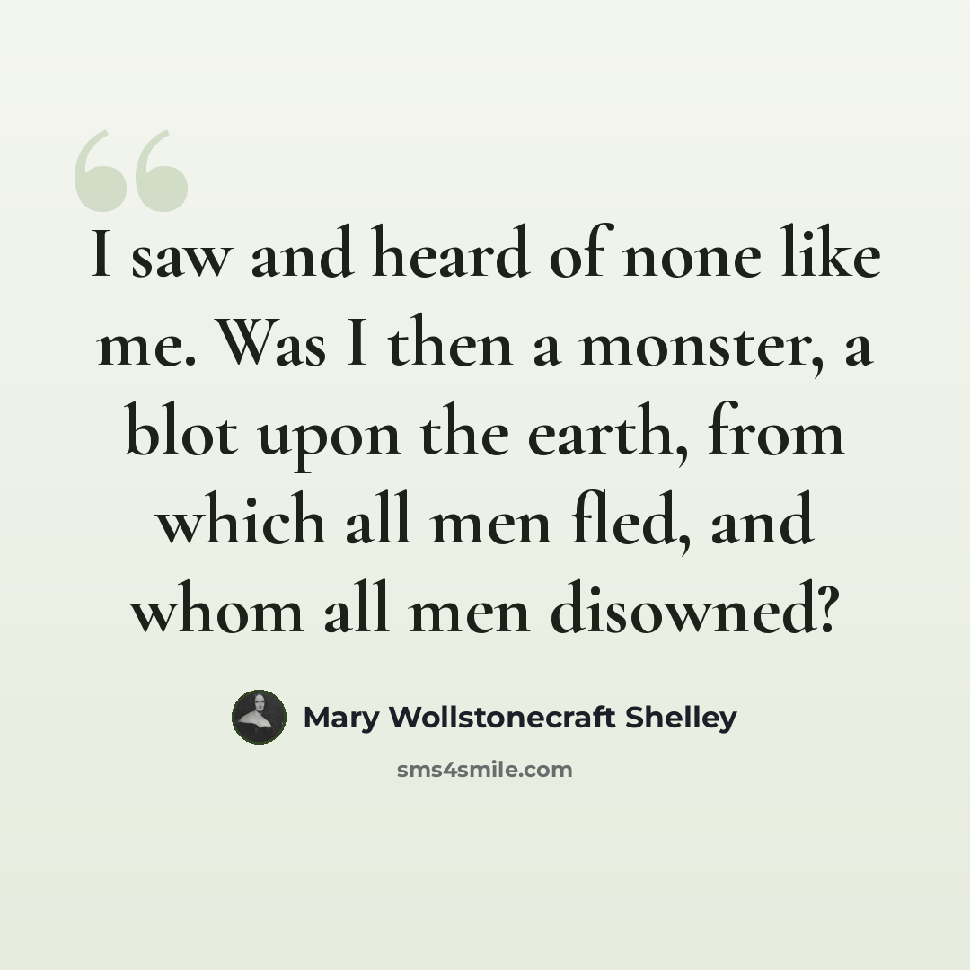 “I saw and heard of none like me. Was I then a monster, a blot upon the earth, from which all men fled, and whom all men disowned?” quote by Mary Wollstonecraft Shelley