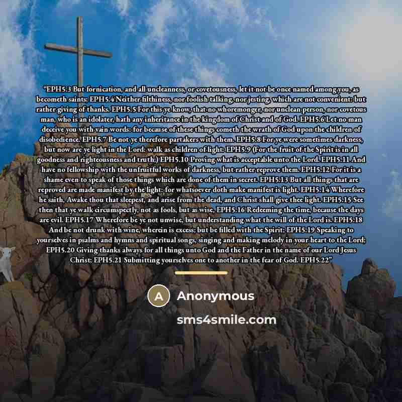 “EPH5.3 But fornication, and all uncleanness, or covetousness, let it not be once named among you, as becometh saints; EPH5.4 Neither filthiness, nor foolish talking, nor jesting, which are not convenient: but rather giving of thanks. EPH5.5 For this ye know, that no whoremonger, nor unclean…” quote by Anonymous