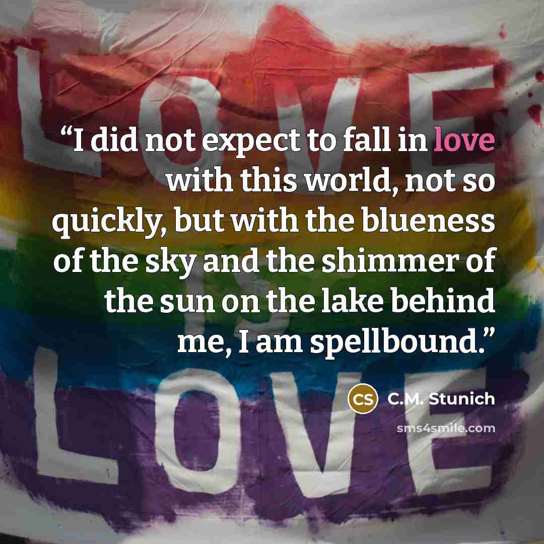 “I did not expect to fall in love with this world, not so quickly, but with the blueness of the sky and the shimmer of the sun on the lake behind me, I am spellbound.” quote by C.M. Stunich