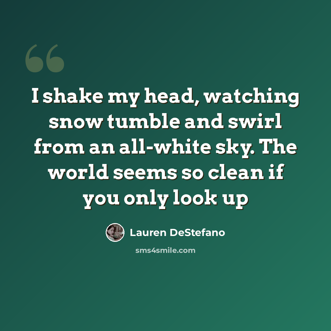 “I shake my head, watching snow tumble and swirl from an all-white sky. The world seems so clean if you only look up” quote by Lauren DeStefano