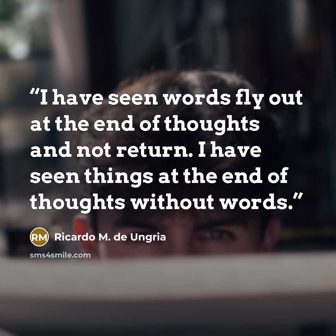 “I have seen words fly out at the end of thoughts and not return. I have seen things at the end of thoughts without words.” quote by Ricardo M. de Ungria
