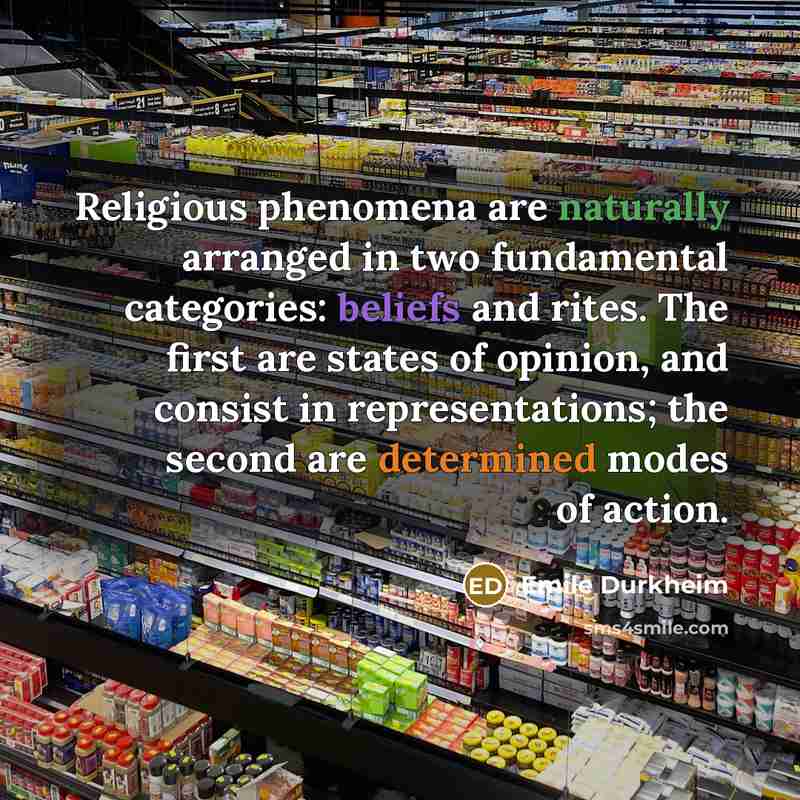 “Religious phenomena are naturally arranged in two fundamental categories: beliefs and rites. The first are states of opinion, and consist in representations; the second are determined modes of action.” quote by Emile Durkheim