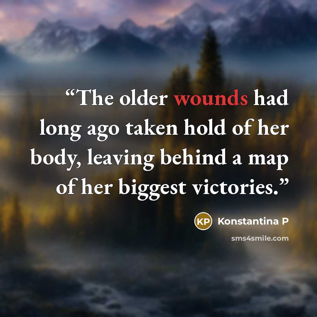 “The older wounds had long ago taken hold of her body, leaving behind a map of her biggest victories.” quote by Konstantina P