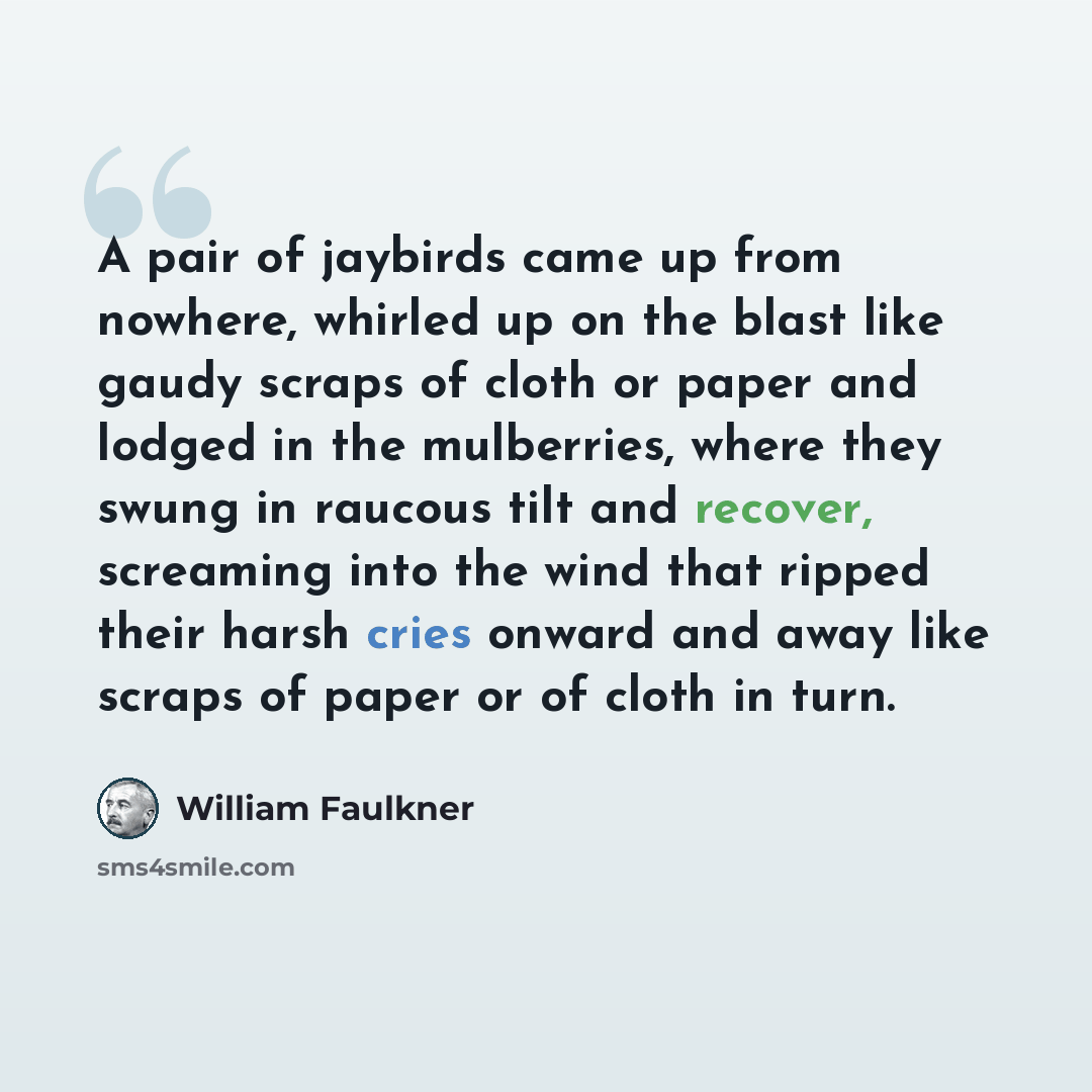 “A pair of jaybirds came up from nowhere, whirled up on the blast like gaudy scraps of cloth or paper and lodged in the mulberries, where they swung in raucous tilt and recover, screaming into the wind that ripped their harsh cries onward and away like scraps of paper or of cloth in turn.” quote by William Faulkner