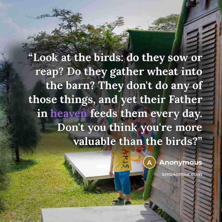 “Look at the birds: do they sow or reap? Do they gather wheat into the barn? They don't do any of those things, and yet their Father in heaven feeds them every day. Don't you think you're more valuable than the birds?” quote by Anonymous