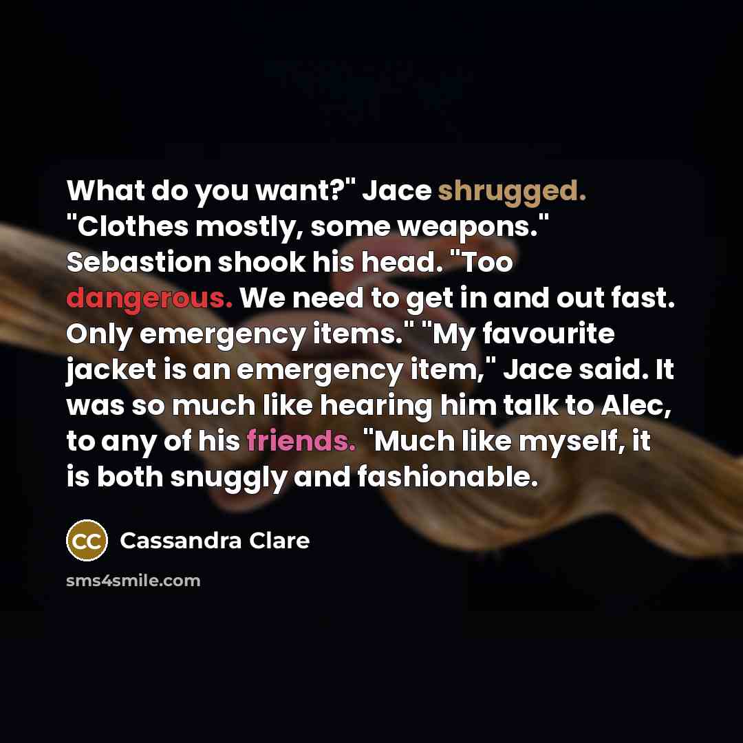 “What do you want?" Jace shrugged. "Clothes mostly, some weapons." Sebastion shook his head. "Too dangerous. We need to get in and out fast. Only emergency items." "My favourite jacket is an emergency item," Jace said. It was so much like hearing him talk to Alec, to any of his friends. "Much like…” quote by Cassandra Clare