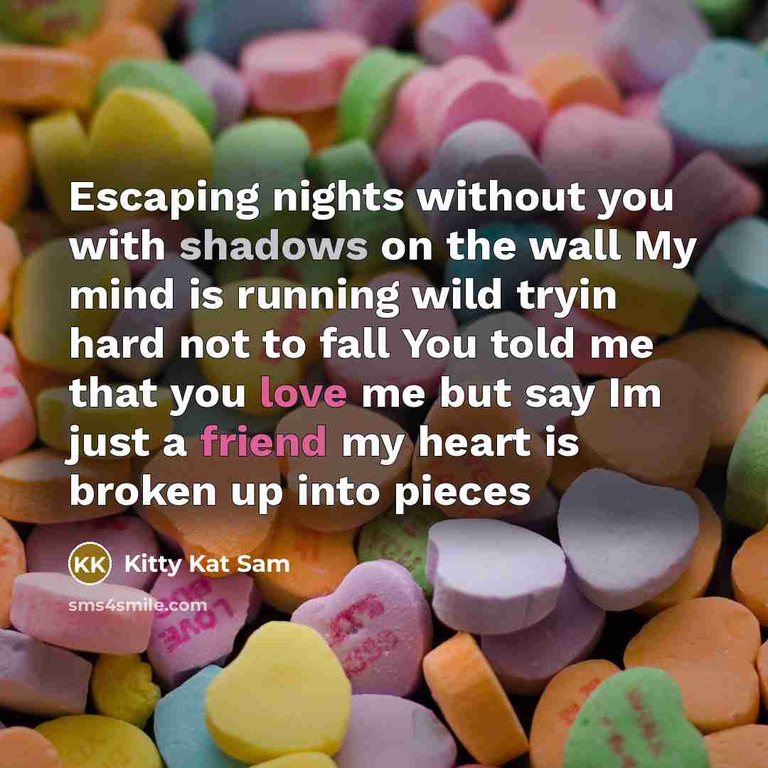 “Escaping nights without you with shadows on the wall My mind is running wild tryin hard not to fall You told me that you love me but say Im just a friend my heart is broken up into pieces” quote by Kitty Kat Sam