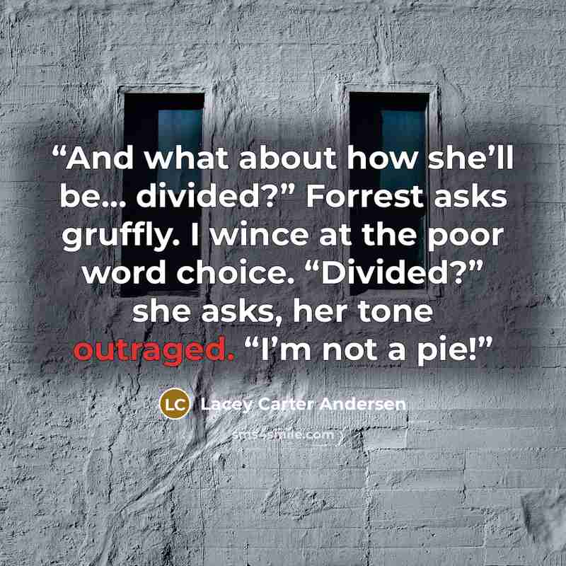 “And what about how she’ll be… divided?” Forrest asks gruffly. I wince at the poor word choice. “Divided?” she asks, her tone outraged. “I’m not a pie!” quote by Lacey Carter Andersen