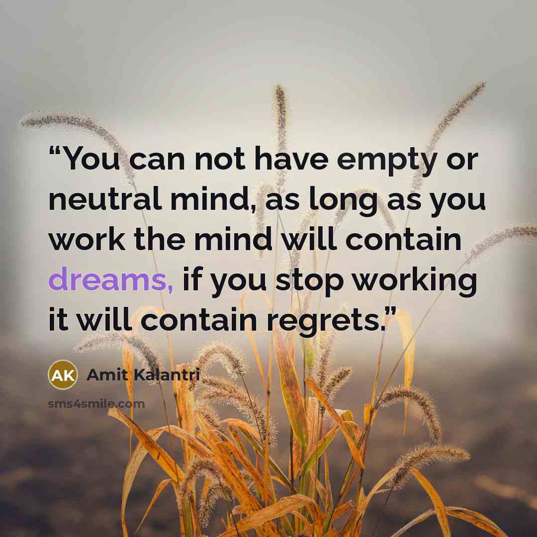 “You can not have empty or neutral mind, as long as you work the mind will contain dreams, if you stop working it will contain regrets.” quote by Amit Kalantri