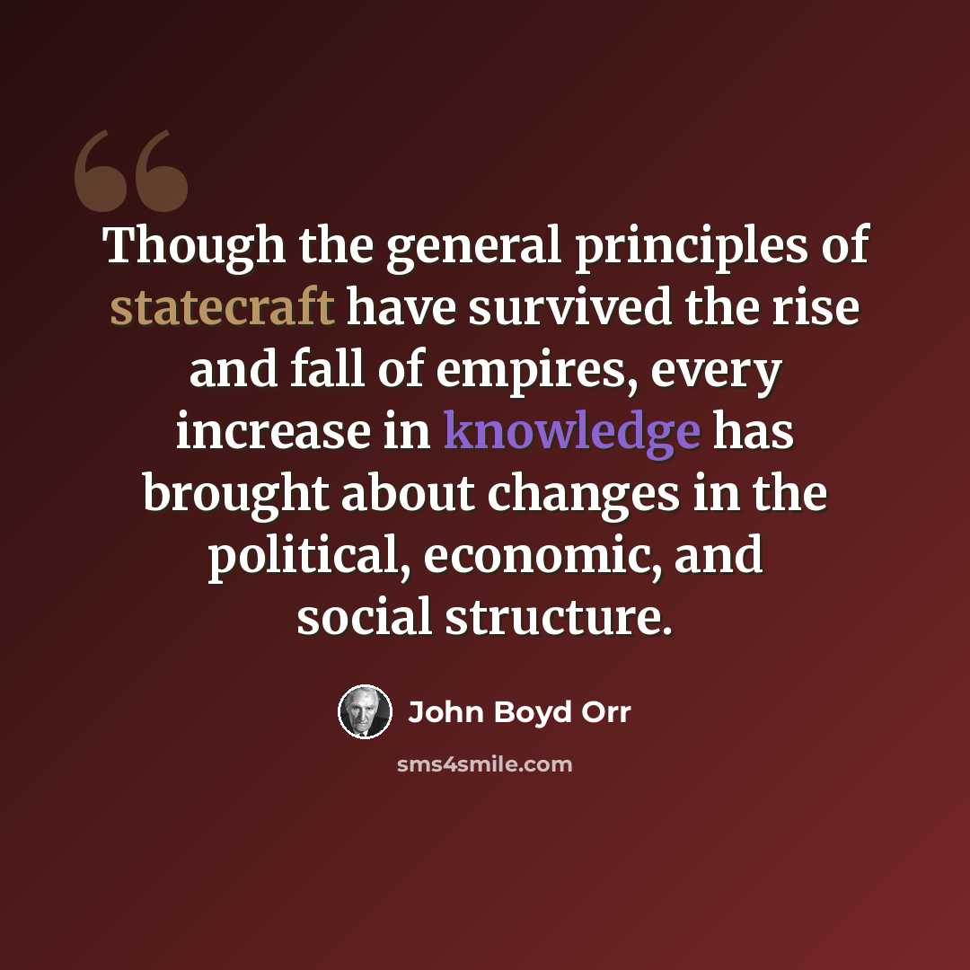 “Though the general principles of statecraft have survived the rise and fall of empires, every increase in knowledge has brought about changes in the political, economic, and social structure.” quote by John Boyd Orr