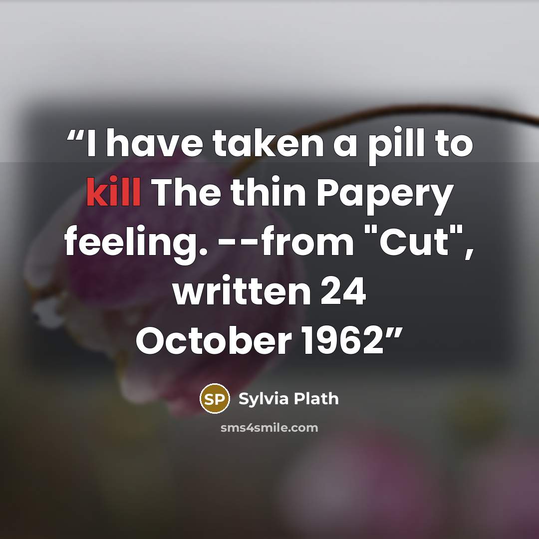 “I have taken a pill to kill The thin Papery feeling. --from "Cut", written 24 October 1962” quote by Sylvia Plath