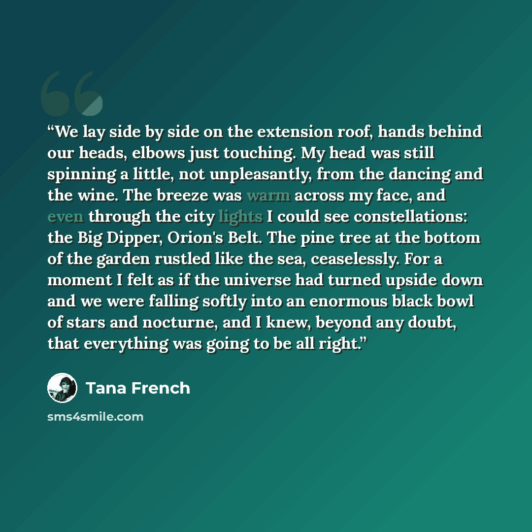 “We lay side by side on the extension roof, hands behind our heads, elbows just touching. My head was still spinning a little, not unpleasantly, from the dancing and the wine. The breeze was warm across my face, and even through the city lights I could see constellations: the Big Dipper, Orion's…” quote by Tana French
