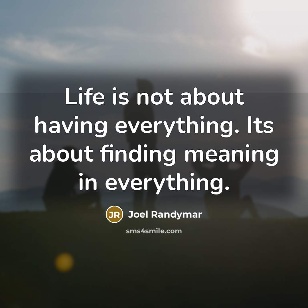 “Life is not about having everything. Its about finding meaning in everything.” quote by Joel Randymar